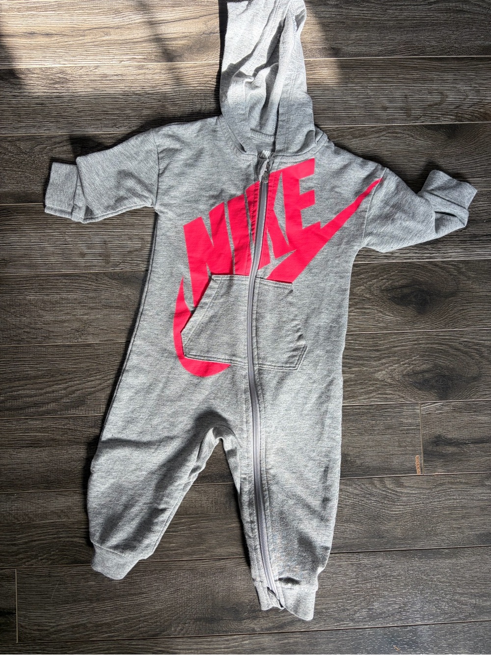Nike Gray and Bright Pink Baby Hooded One-Piece Footie